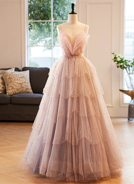 Rosa Perlenbesetztes V-Ausschnitt Schultergurt Rückenfreies transparentes Partykleid Ballkleid, süßes rosa A-förmiges transparentes Lagen-Ballkleid