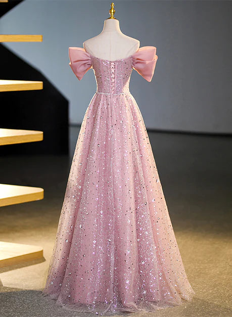 Funkelndes rosa Ballkleid mit Perlen und Pailletten, schulterfreies, glänzendes, transparentes A-Linien-/Prinzessinnen-Kleid mit kurzen Ärmeln, rückenfrei und bodenlang/lang