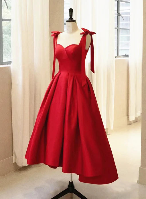 Rotes Satin High Low Formalkleid mit Schleife, Rotes Ballkleid Partykleid