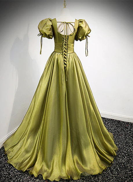 Hellgrünes, kurzärmliges, langes A-Linien-Ballkleid, grünes Partykleid mit Schnürung