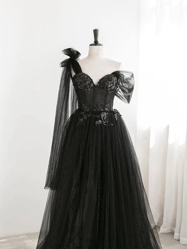 Robe de soirée noire élégante et sexy à une épaule transparente à paillettes douces avec robe de soirée noire à épaules dénudées et dos nu