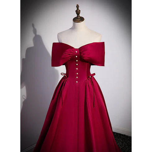 Unique/Beautiful Wine Red Satin Ball Dress, A-line/Princess Off Shoulder Bow Short Sleeve Off Back Pearl and Floor Length/Long Evening Dress