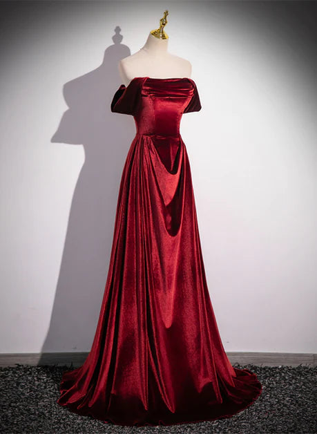 Unique/beautiful wine red velvet ball dress, A-shaped velvet strapless sleeveless backless and floor standing evening dress