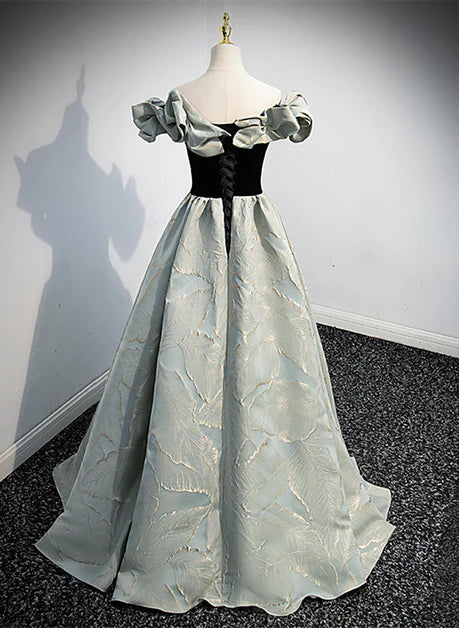 A-line Blue Grey Satin Sweetheart Off the Shoulder Ball Dress, Long Retro Flower Evening Dress