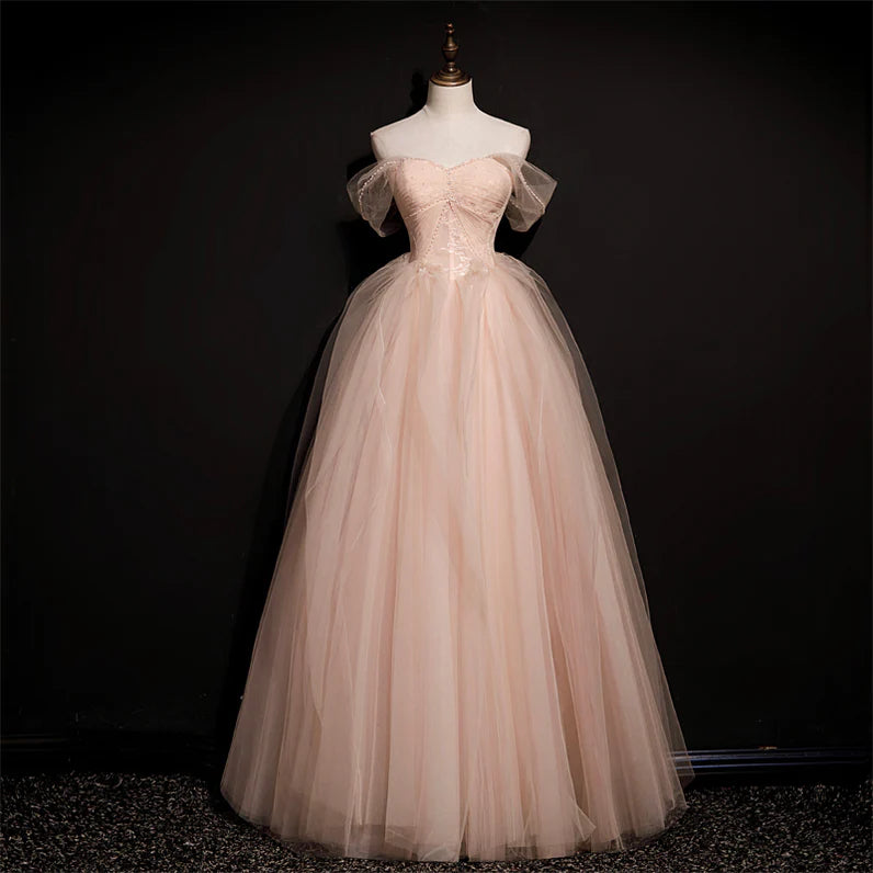 Süßes, rosafarbenes, schulterfreies, durchsichtiges, langes Partykleid mit Perlenbesatz, rosafarbenes, trägerloses, rückenfreies und bodenlanges Abendkleid in A-Linie