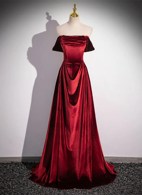 Unique/beautiful wine red velvet ball dress, A-shaped velvet strapless sleeveless backless and floor standing evening dress