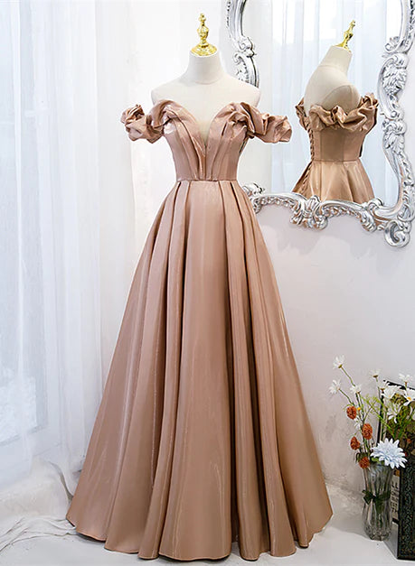 Robe de soirée longue en satin champagne, robe de bal, robe trapèze simple et formelle