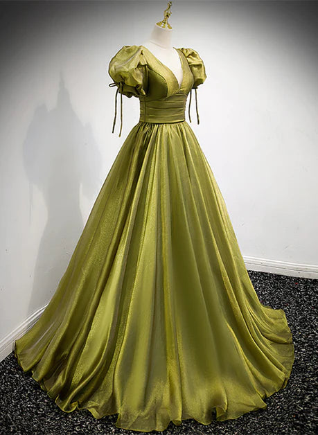 Hellgrünes, kurzärmliges, langes A-Linien-Ballkleid, grünes Partykleid mit Schnürung