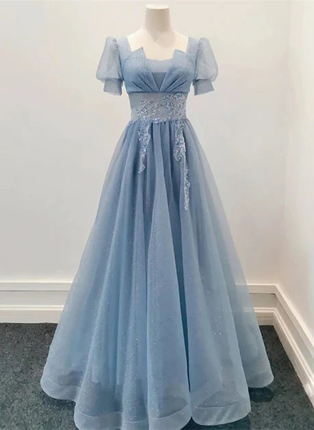 Robe de soirée longue à manches courtes en tulle brillant bleu, robe de bal trapèze bleue
