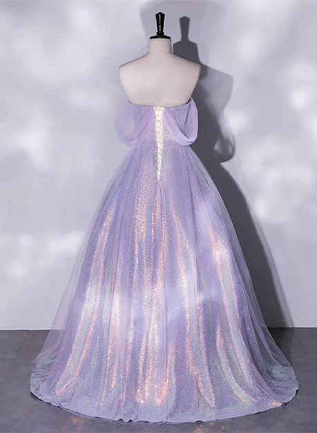 Lavendelfarbenes A-Linien-Ballkleid mit Herzausschnitt und transparenten Pailletten in Rosa, schulterfreies, transparentes Abendkleid in Rosa