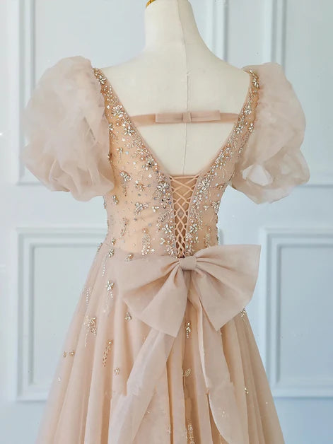 Chamapgne Beaded Short Sleeves Tulle A-line Prom Dress, Champagne Party Dress