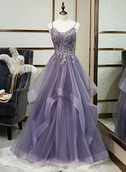 Elegant Lavender Sleeveless Beaded Crystal Sequin Lace Evening Dress Lavender A-line Thin Shoulder Straps Off the Back and Floor Length Evening Dress
