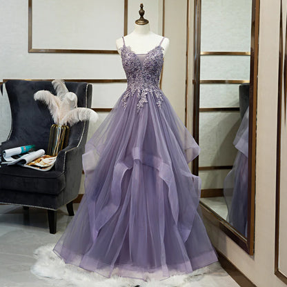 Elegant Lavender Sleeveless Beaded Crystal Sequin Lace Evening Dress Lavender A-line Thin Shoulder Straps Off the Back and Floor Length Evening Dress