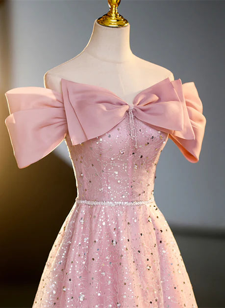 Funkelndes rosa Ballkleid mit Perlen und Pailletten, schulterfreies, glänzendes, transparentes A-Linien-/Prinzessinnen-Kleid mit kurzen Ärmeln, rückenfrei und bodenlang/lang