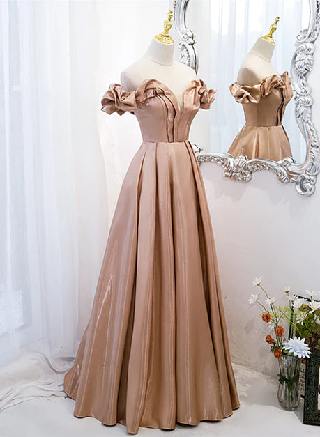 Robe de soirée longue en satin champagne, robe de bal, robe trapèze simple et formelle