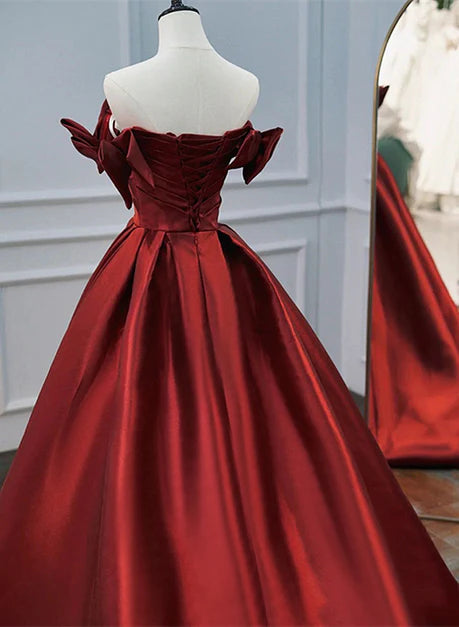 Robe de soirée élégante en satin rouge vin, ligne A, épaules dénudées, robe de soirée longue moulante sans manches à volants, princesse rouge vin