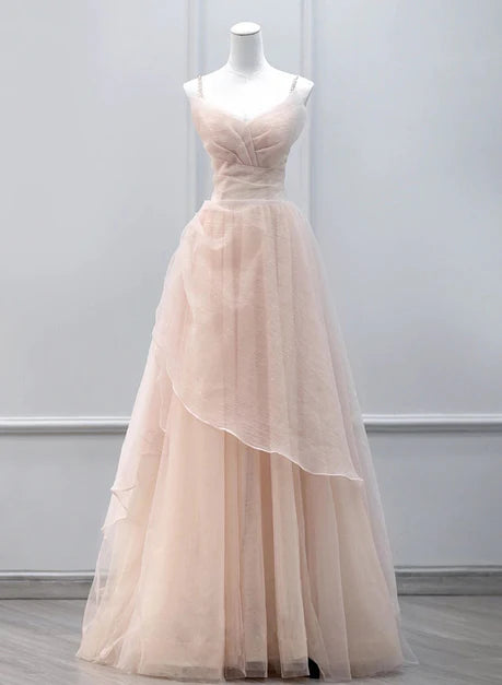 Elegant pink sheer beaded shoulder strap long ball dress, A-line pink with heart-shaped collar and beaded shoulder strap sheer prom dress