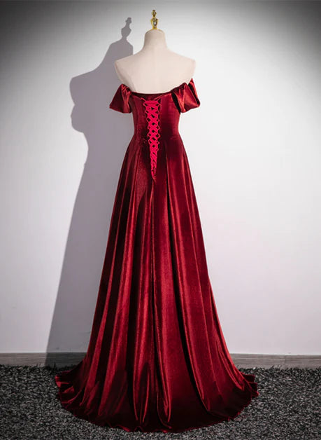 Unique/beautiful wine red velvet ball dress, A-shaped velvet strapless sleeveless backless and floor standing evening dress