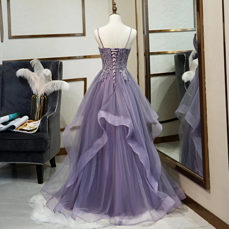 Elegant Lavender Sleeveless Beaded Crystal Sequin Lace Evening Dress Lavender A-line Thin Shoulder Straps Off the Back and Floor Length Evening Dress