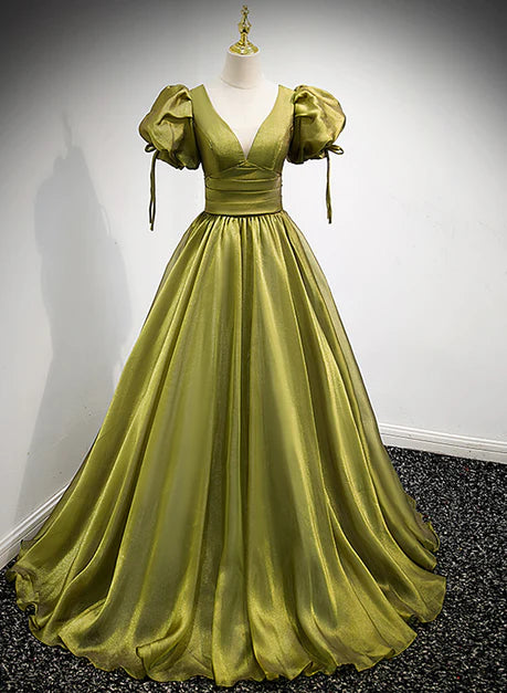 Hellgrünes, kurzärmliges, langes A-Linien-Ballkleid, grünes Partykleid mit Schnürung