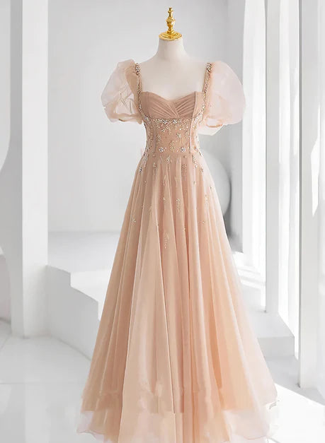 Robe de bal trapèze en tulle à manches courtes et perles champagne, robe de soirée champagne