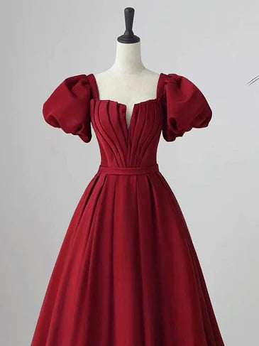 Robe de soirée élégante à manches courtes rouge vin, robe de soirée longue à bretelles dos nu rouge vin