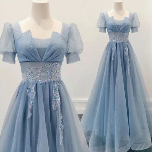 Robe de soirée longue à manches courtes en tulle brillant bleu, robe de bal trapèze bleue