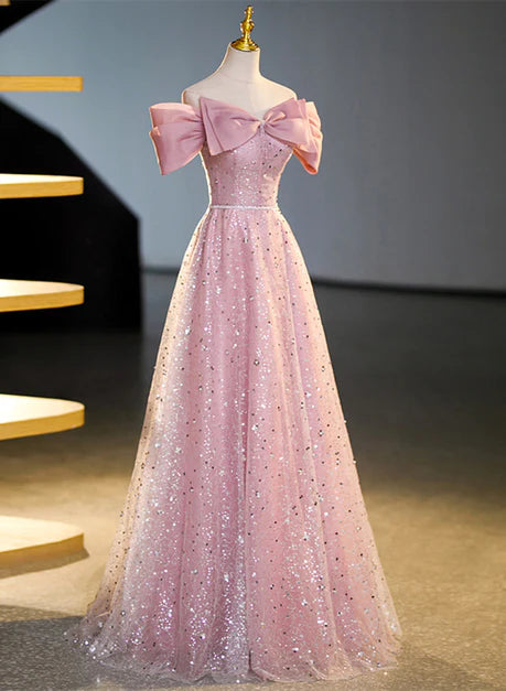 Funkelndes rosa Ballkleid mit Perlen und Pailletten, schulterfreies, glänzendes, transparentes A-Linien-/Prinzessinnen-Kleid mit kurzen Ärmeln, rückenfrei und bodenlang/lang