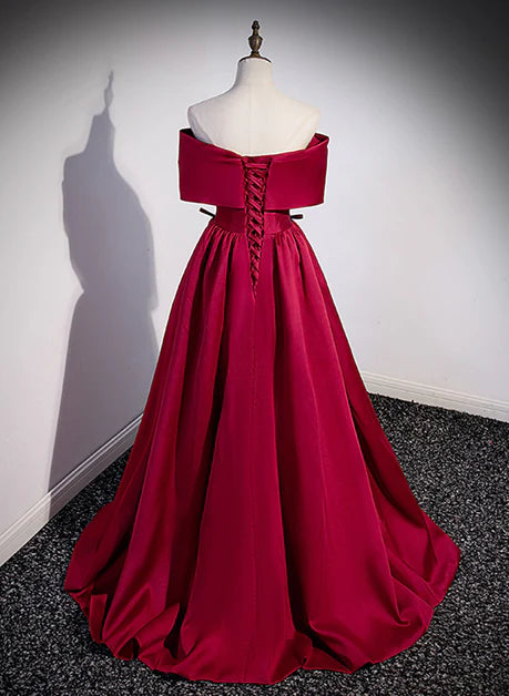 Unique/Beautiful Wine Red Satin Ball Dress, A-line/Princess Off Shoulder Bow Short Sleeve Off Back Pearl and Floor Length/Long Evening Dress
