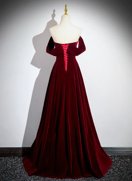 Wine red velvet long V-neck off shoulder ball dress, wine red velvet A-line long evening dress