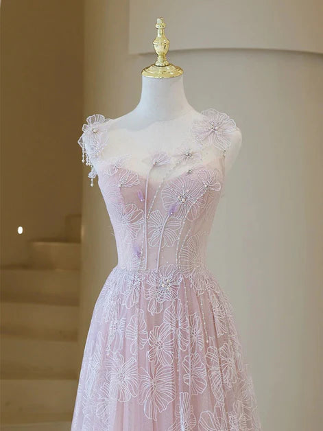 Robe de bal longue en dentelle rose clair à col rond, robe de bal trapèze rose perlée dos nu et au sol