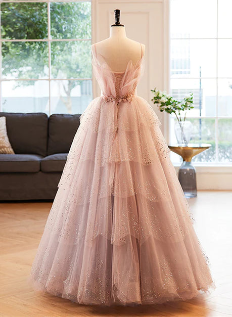 Rosa Perlenbesetztes V-Ausschnitt Schultergurt Rückenfreies transparentes Partykleid Ballkleid, süßes rosa A-förmiges transparentes Lagen-Ballkleid