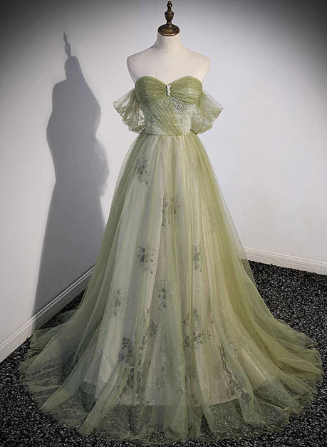Hellgrünes Sweetheart Tüll Perlen Partykleid, Grünes langes Ballkleid