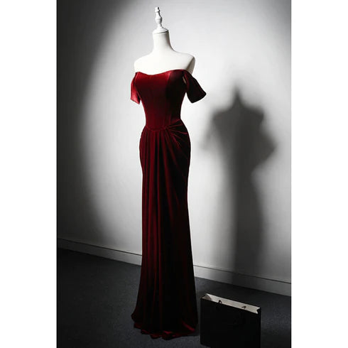Minimalist wine red velvet party dress, off the shoulder long mermaid hanging neck long evening dress