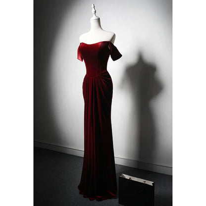 Minimalist wine red velvet party dress, off the shoulder long mermaid hanging neck long evening dress