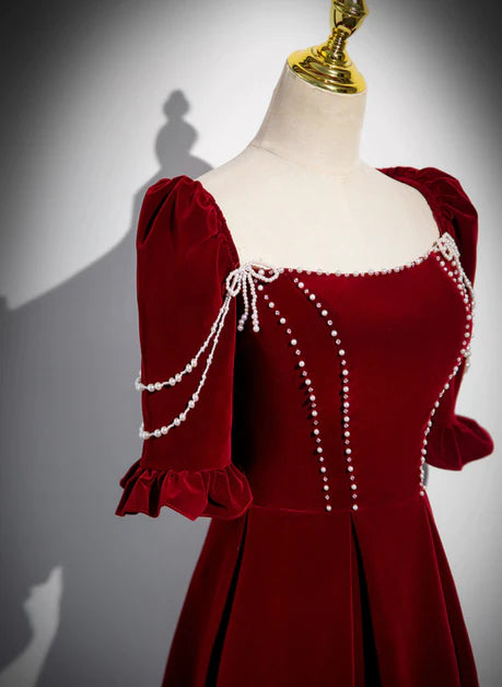 Robe de soirée élégante en velours rouge vin à manches courtes et longue princesse, robe de soirée à col trapèze rouge vin