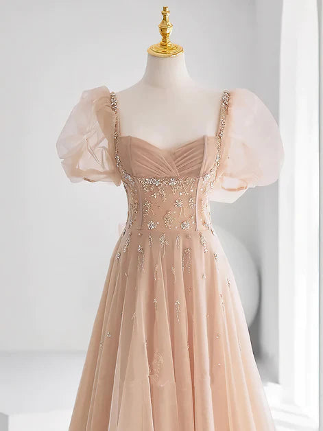 Robe de bal trapèze en tulle à manches courtes et perles champagne, robe de soirée champagne