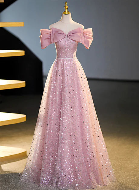 Funkelndes rosa Ballkleid mit Perlen und Pailletten, schulterfreies, glänzendes, transparentes A-Linien-/Prinzessinnen-Kleid mit kurzen Ärmeln, rückenfrei und bodenlang/lang