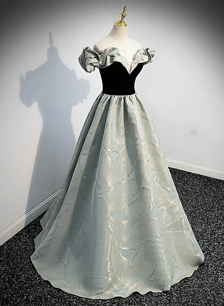 A-line Blue Grey Satin Sweetheart Off the Shoulder Ball Dress, Long Retro Flower Evening Dress