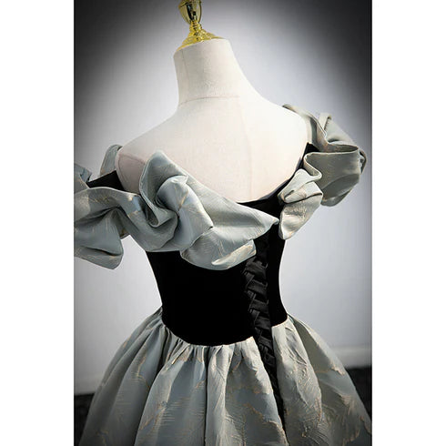 A-line Blue Grey Satin Sweetheart Off the Shoulder Ball Dress, Long Retro Flower Evening Dress