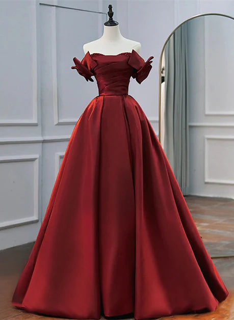 Robe de soirée élégante en satin rouge vin, ligne A, épaules dénudées, robe de soirée longue moulante sans manches à volants, princesse rouge vin