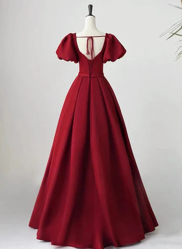 Robe de soirée élégante à manches courtes rouge vin, robe de soirée longue à bretelles dos nu rouge vin