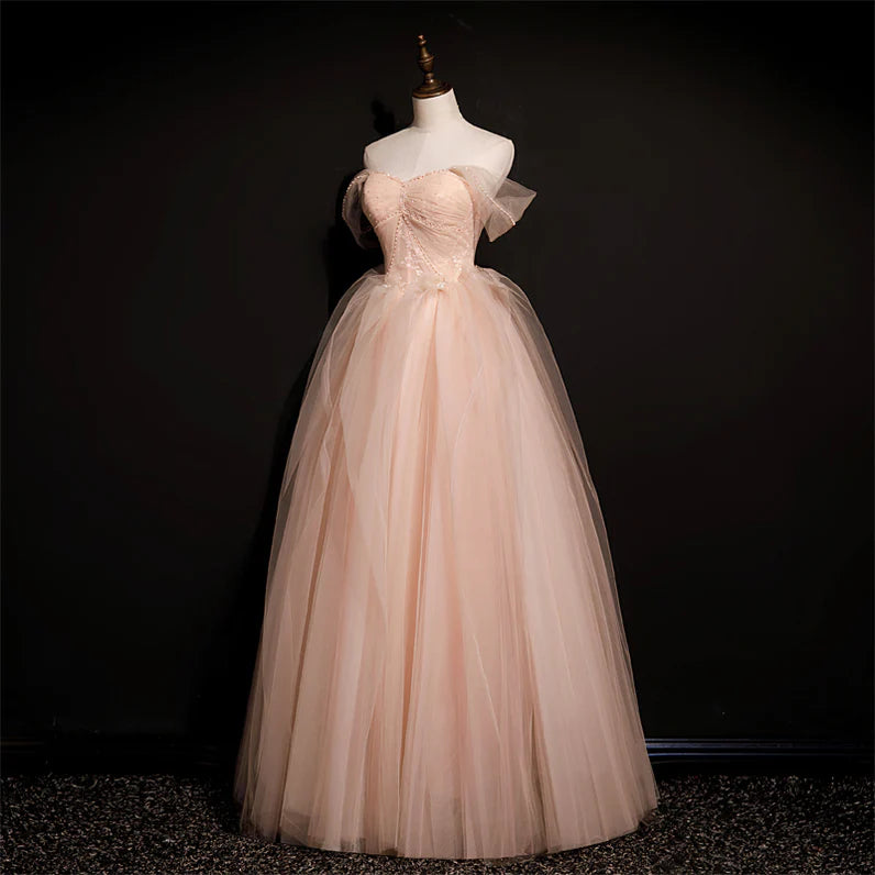 Süßes, rosafarbenes, schulterfreies, durchsichtiges, langes Partykleid mit Perlenbesatz, rosafarbenes, trägerloses, rückenfreies und bodenlanges Abendkleid in A-Linie