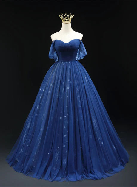 Marineblaues transparentes A-Linien-Tanzkleid im Retro-Stil, Partykleid, marineblaues trägerloses, ärmelloses, rückenfreies und bodenlanges Abendkleid