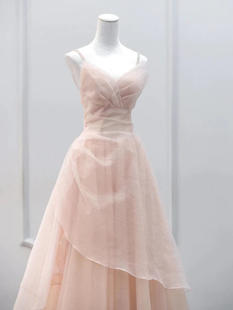 Elegant pink sheer beaded shoulder strap long ball dress, A-line pink with heart-shaped collar and beaded shoulder strap sheer prom dress