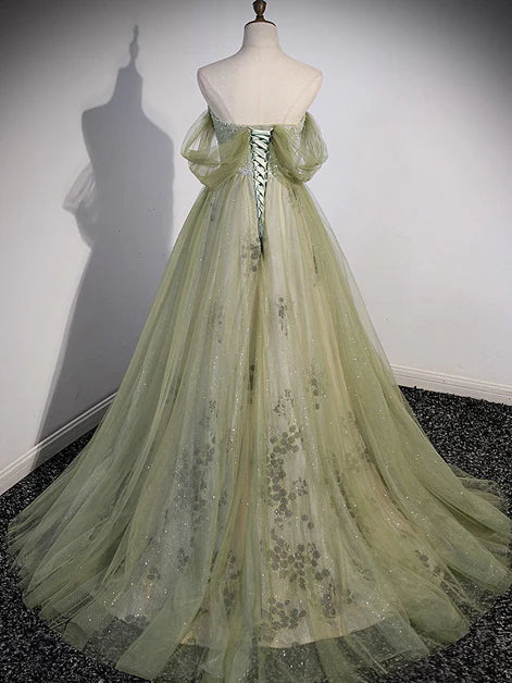 Charming light green sweet tulle beaded party dress, green A-line/princess off shoulder short sleeved off back and floor length evening dress