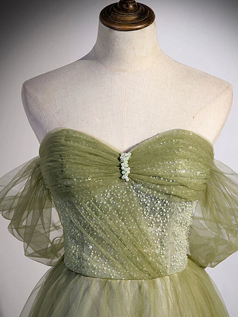 Hellgrünes Sweetheart Tüll Perlen Partykleid, Grünes langes Ballkleid