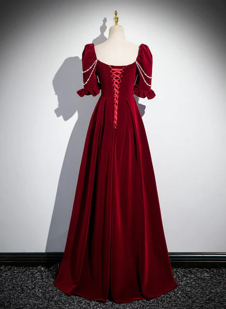 Robe de soirée élégante en velours rouge vin à manches courtes et longue princesse, robe de soirée à col trapèze rouge vin