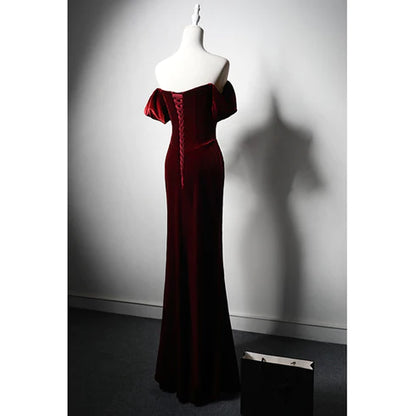 Minimalist wine red velvet party dress, off the shoulder long mermaid hanging neck long evening dress
