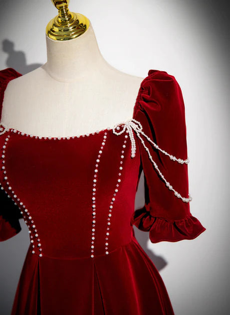 Robe de soirée élégante en velours rouge vin à manches courtes et longue princesse, robe de soirée à col trapèze rouge vin